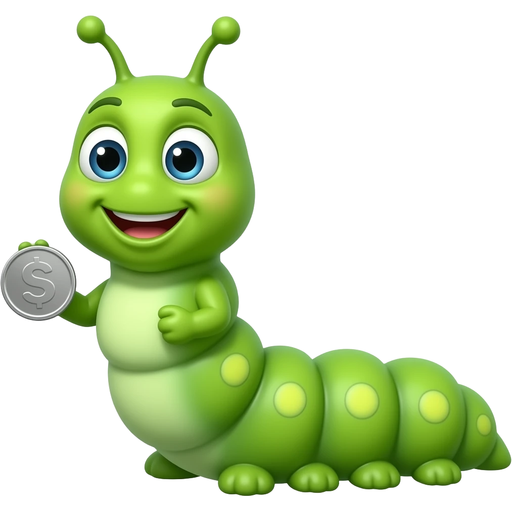 Green caterpillar smiling holding a silver coin emoji