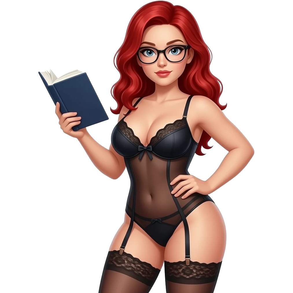 Tan, nude or in sexy librarian lingerie, red hair, glasses, with big booty, big ass, PAWG, has a perfect body shape and figure, with a naughty seductive librarian look, emoji