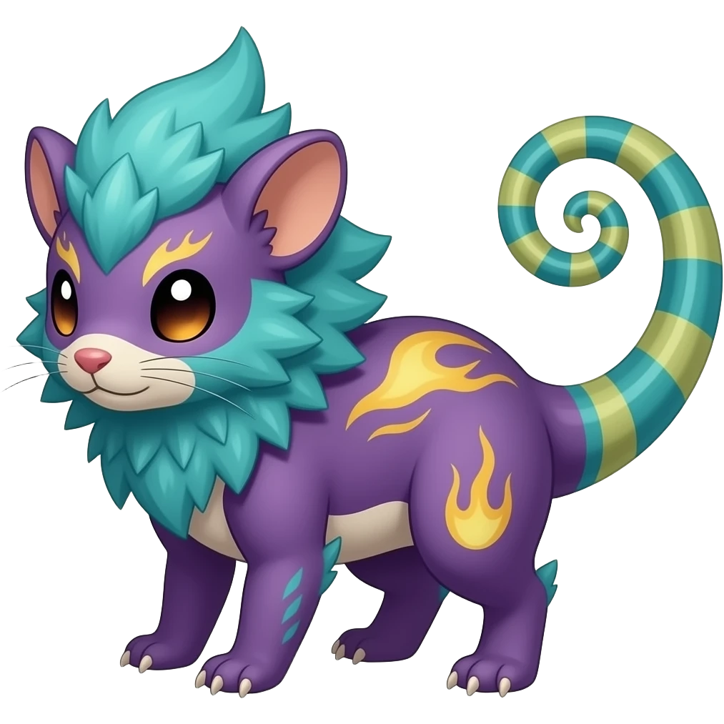 Purplish reddish Zygarde-Rattata-Vaporeon-Litten-Fakémon-hybrid with a chameleon tail emoji