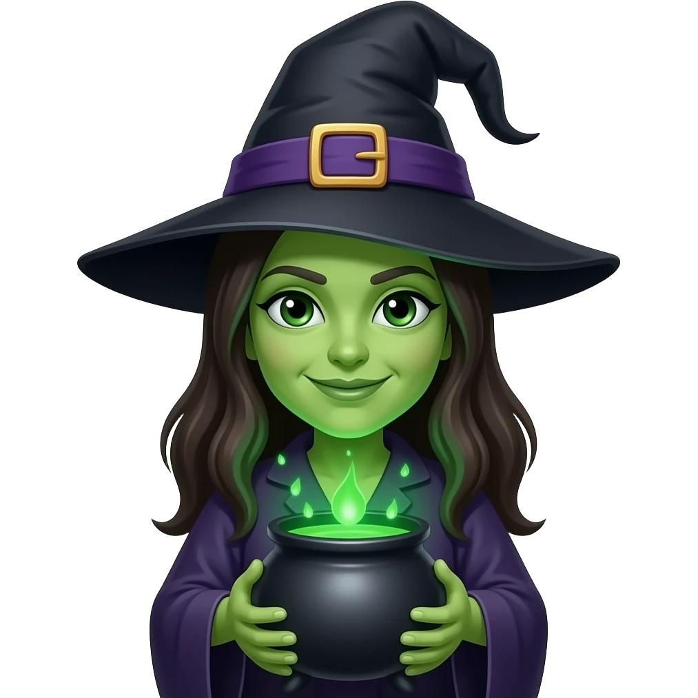 Bruxa com pele verde e olheira e com um caldeirão emoji