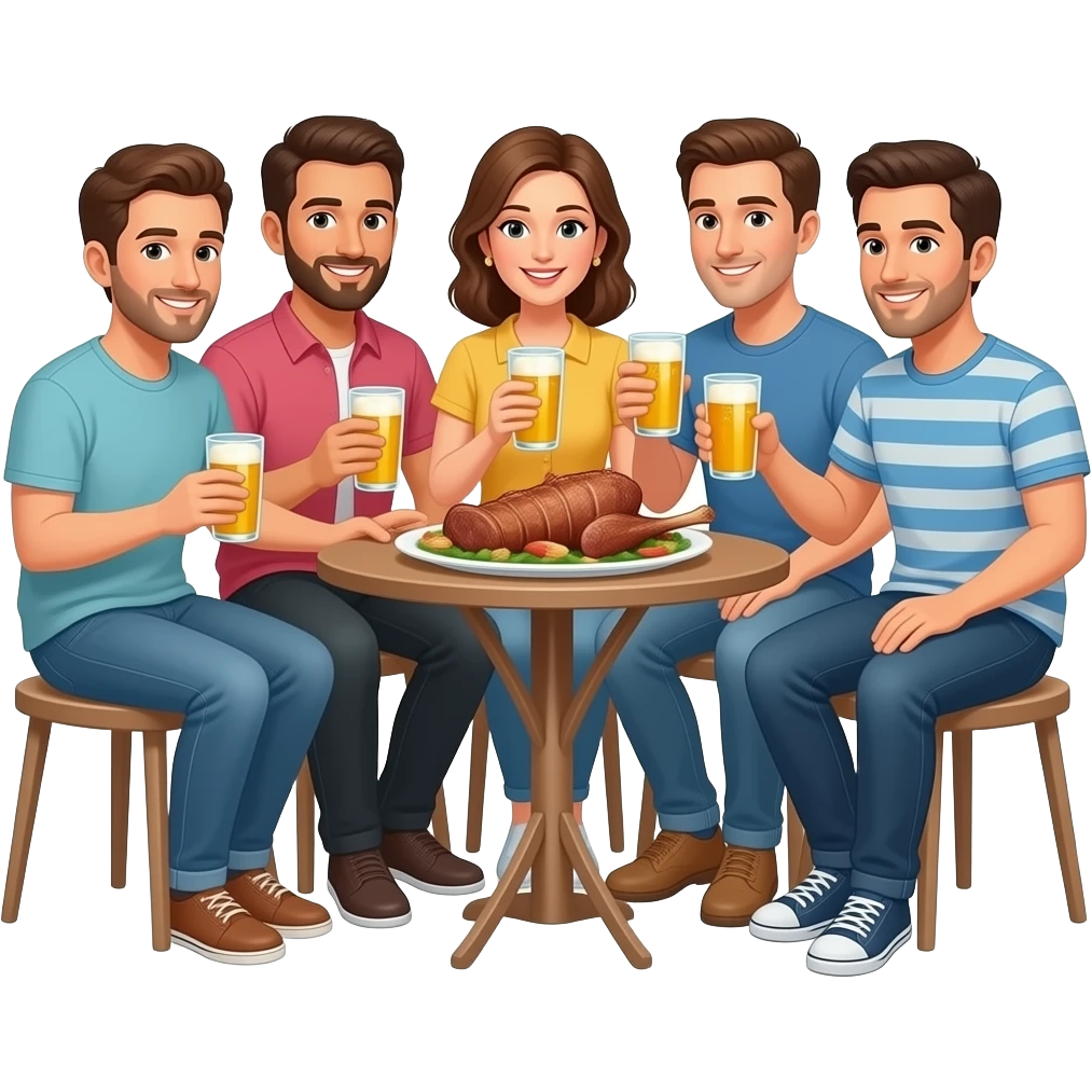 Create 6 people on terrace with hard drinks and mutton emoji