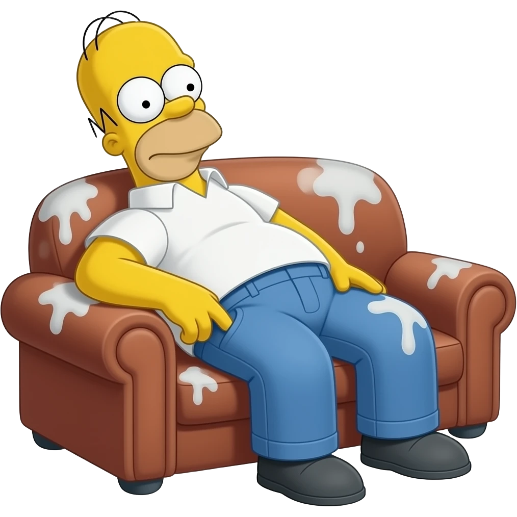 Homer simson qui a la main dans son pantalon qui et avachie sur un canaper avec des tache blanche emoji