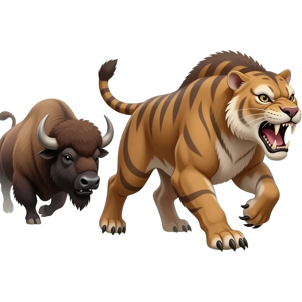 Smilodon angry running in the forest with defensive bison herd chasin it emoji