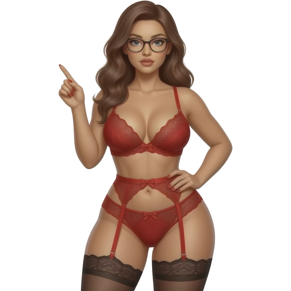 sexy, tan, nude, naked, any hair color, any eye color, glasses, big booty, big ass, PAWG, perfect body shape and figure, in a sexual pose, emphasizing on being a PAWG, huge breast with cleavage, big perfect ass, tiny waist, huge boobs and butt in any pose with a red lingerie emoji