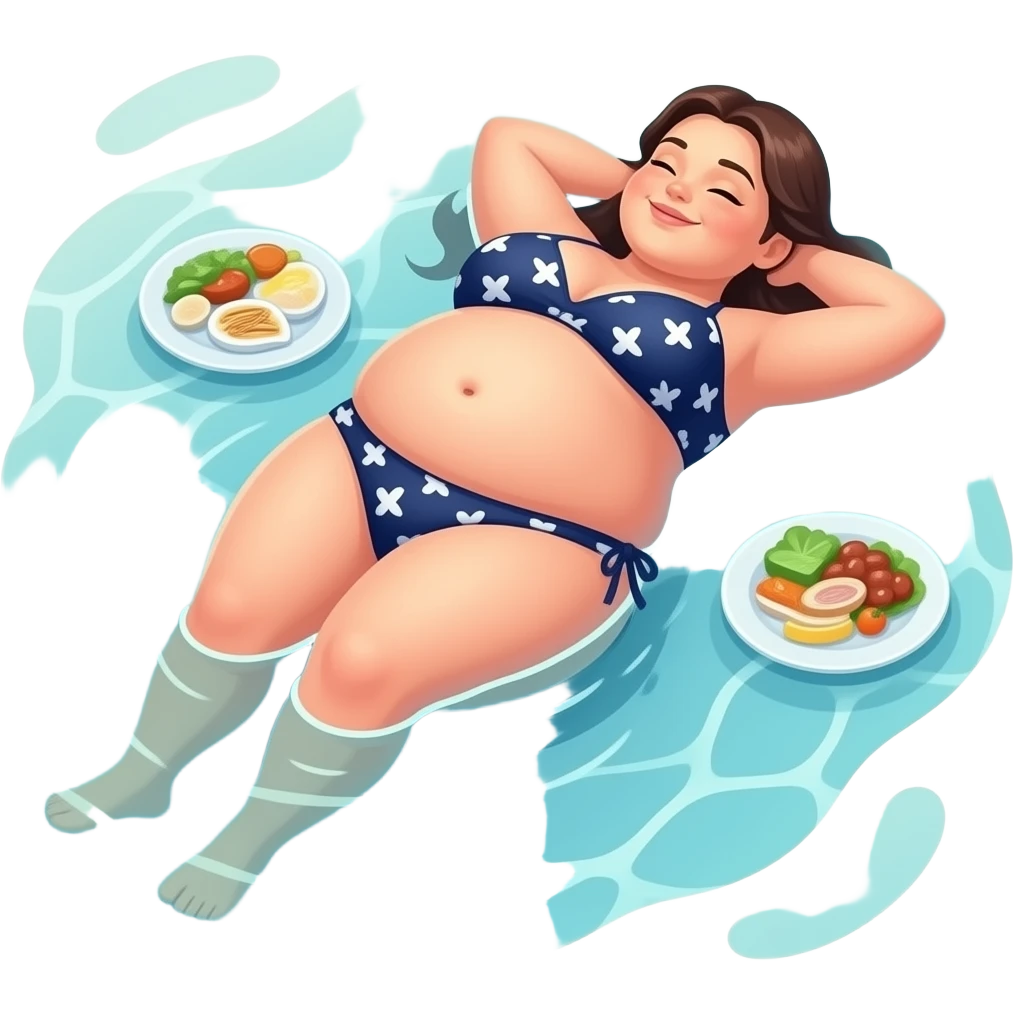 A girl enjoys beach holiday in her swimmers,but she is so full from a lunch break that she is about to burst,Then her fat Tummy rolls & drops out,she will just lay on her back in the shallow cool water,her gluttonous belly promotes a good resort business. emoji
