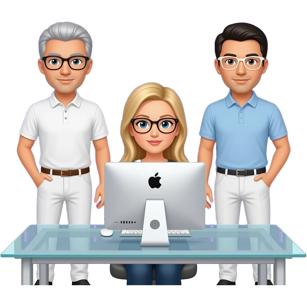 In the background is a silver server cabinet with purple backlighting, in the foreground is a glass table and an imac computer, two men are standing, gray hair, black glasses, black hair, white glasses, dressed in white pants and a polo shirt, a blonde girl in glasses is sitting at the table, emoji