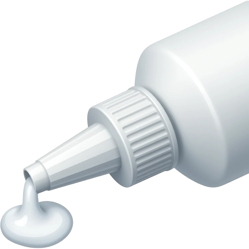 A digital illustration emoji of a white glue bottle being squeezed, with a small dollop of sticky, white translucent glue coming out of the tip. Simple icon style, glossy texture, isolated on a plain white background. emoji