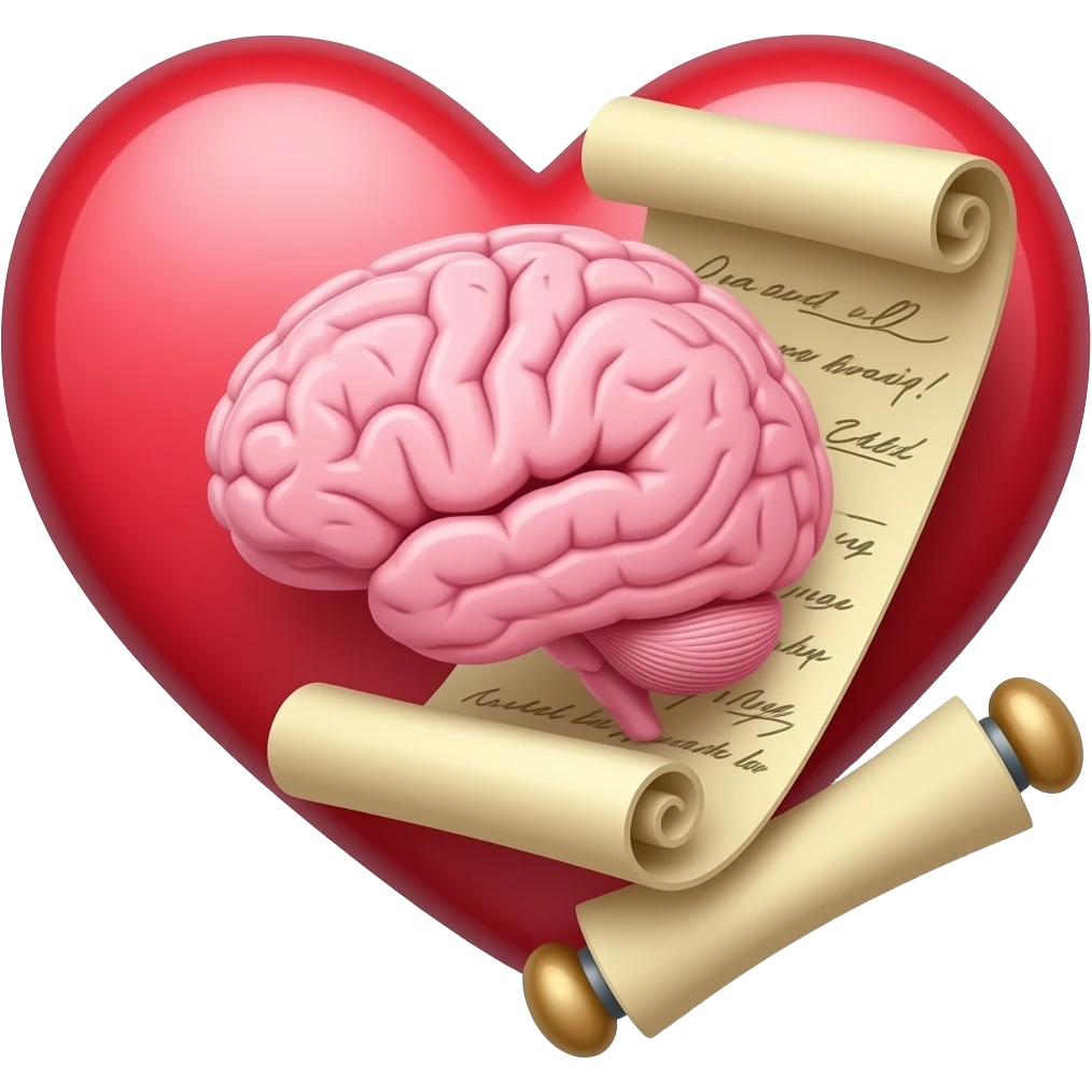 make a heart with a pink brain and an open srcoll with scribles on it emoji