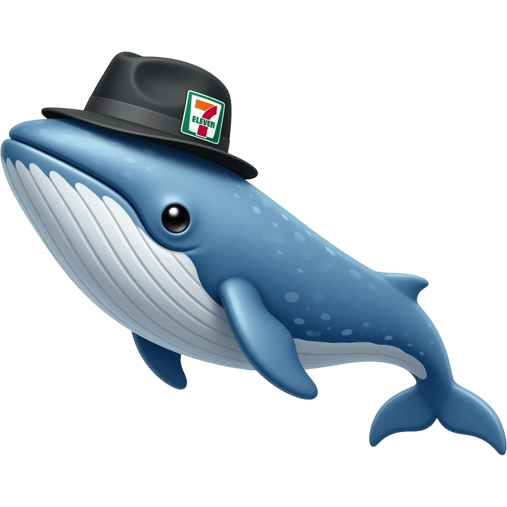 Blue Whale wearing a 7-eleven branded black and grey fedora emoji