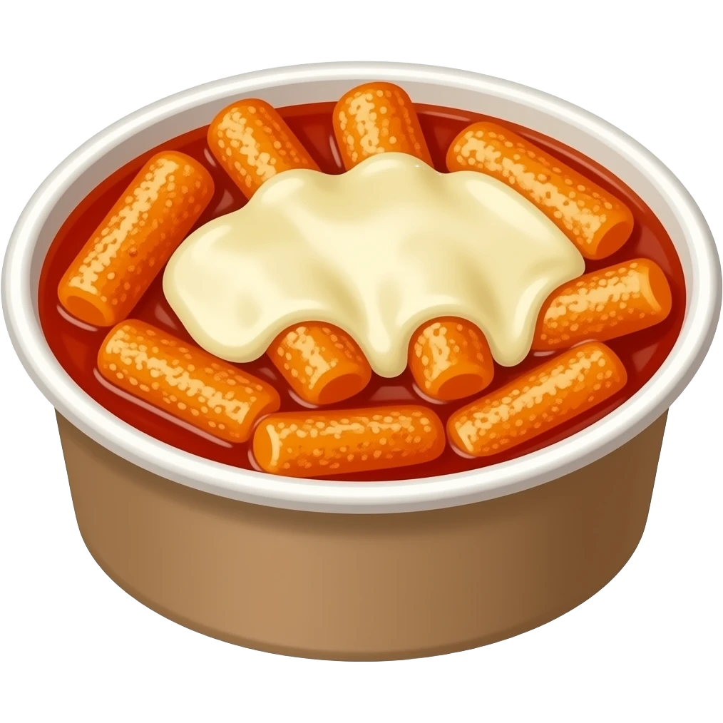 korean tteokbokki with melted mozzarella cheese in round disposable container emoji
