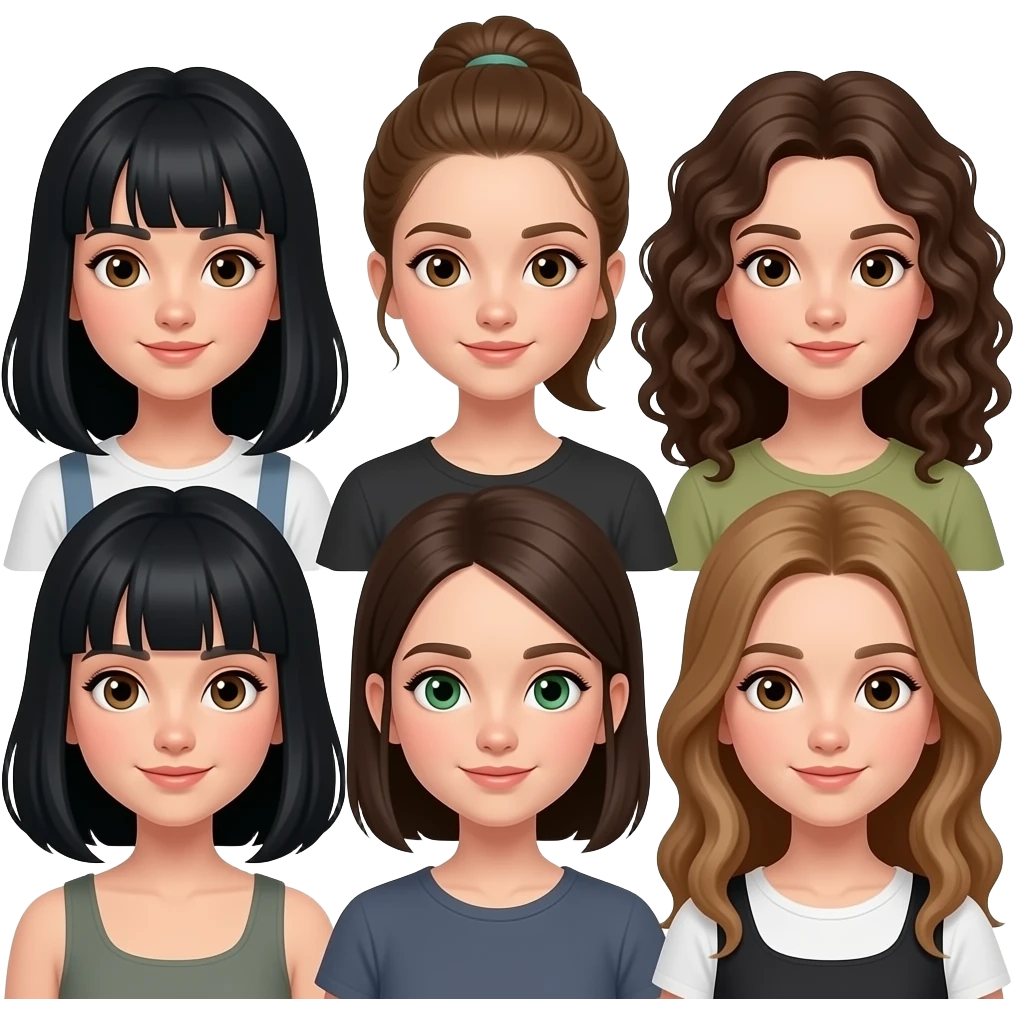Un groupe de 8 filles 4avec les cheveux noirs et les yeux marrons 3 avec les cheveux bloncds foncé donc 2 avec les cheveux bouclés et avec les yeux marrons et une avec les cheveux blonds et les yeux verts emoji