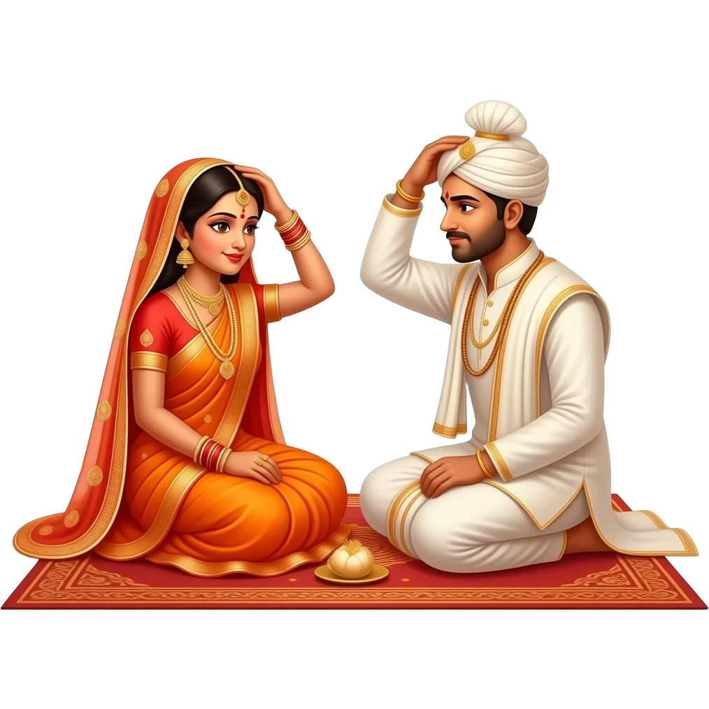 Hindu bride in orange saree and groom sitting facing each other on ground traditional stylenow each other right hand on each others head emoji