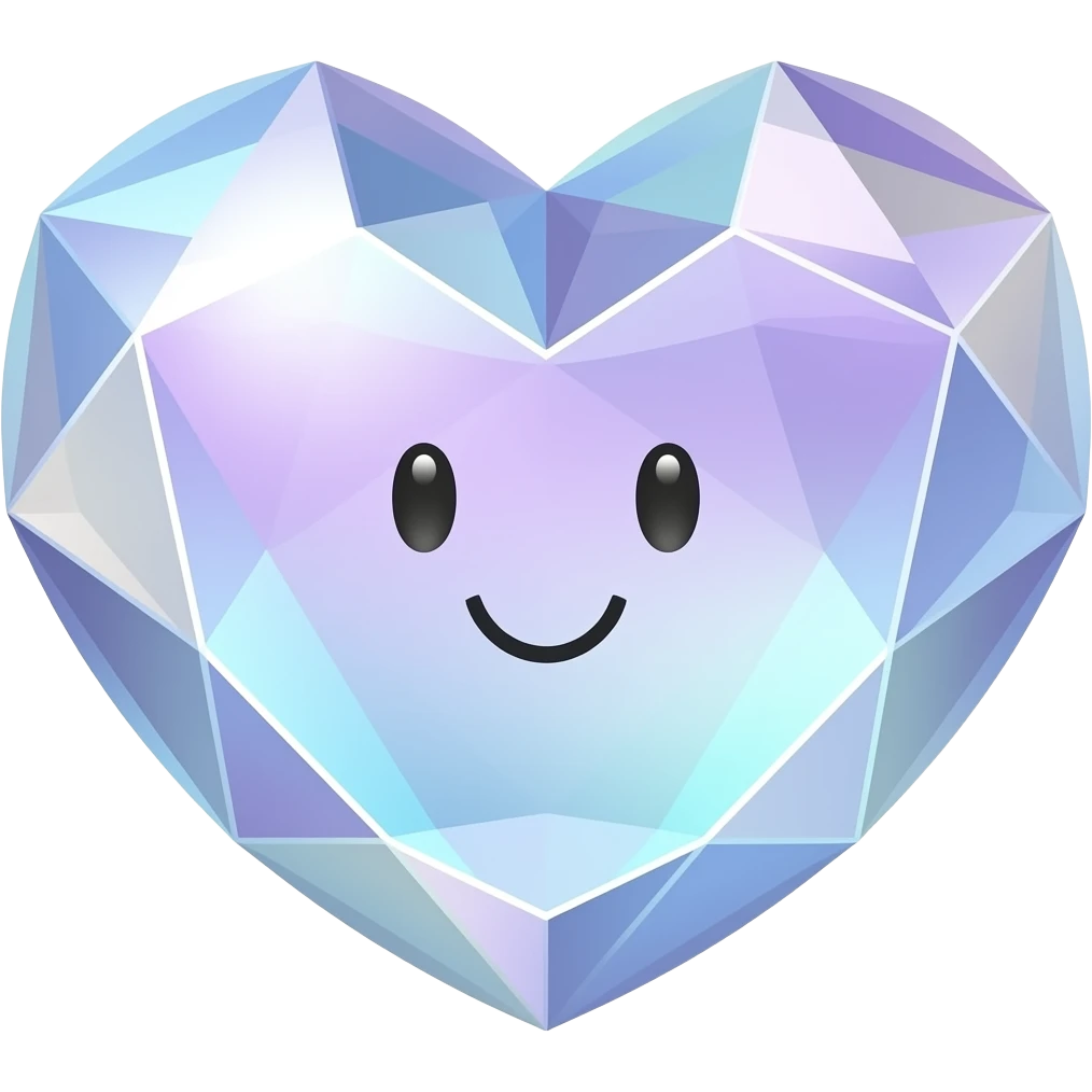 Pastel lavender and sky blue iridescent Crystal heart with a small sweet smiley face emoji
