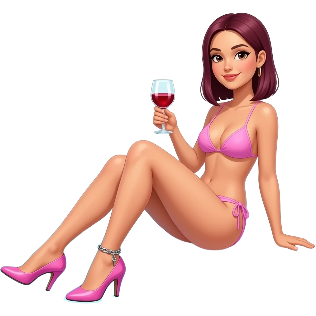 woman with burgundy, very straight shoulder-length hair, sitting by a pool, sunbathing, wearing just a baby pink bikini and 6 inch stiletto heels, holding a glass of red wine, wearing an ankle chain with a small key hanging off it on one ankle and no strap on the other emoji