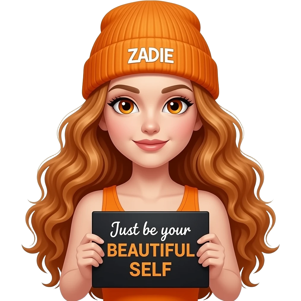 sexy girl with overlong wavy ginger hair and ginger eyes wearing a orange tanktop and a orange beanie with ZADIE written on it, is holding a black sign with Just be your BEAUTIFUL SELF written on it emoji