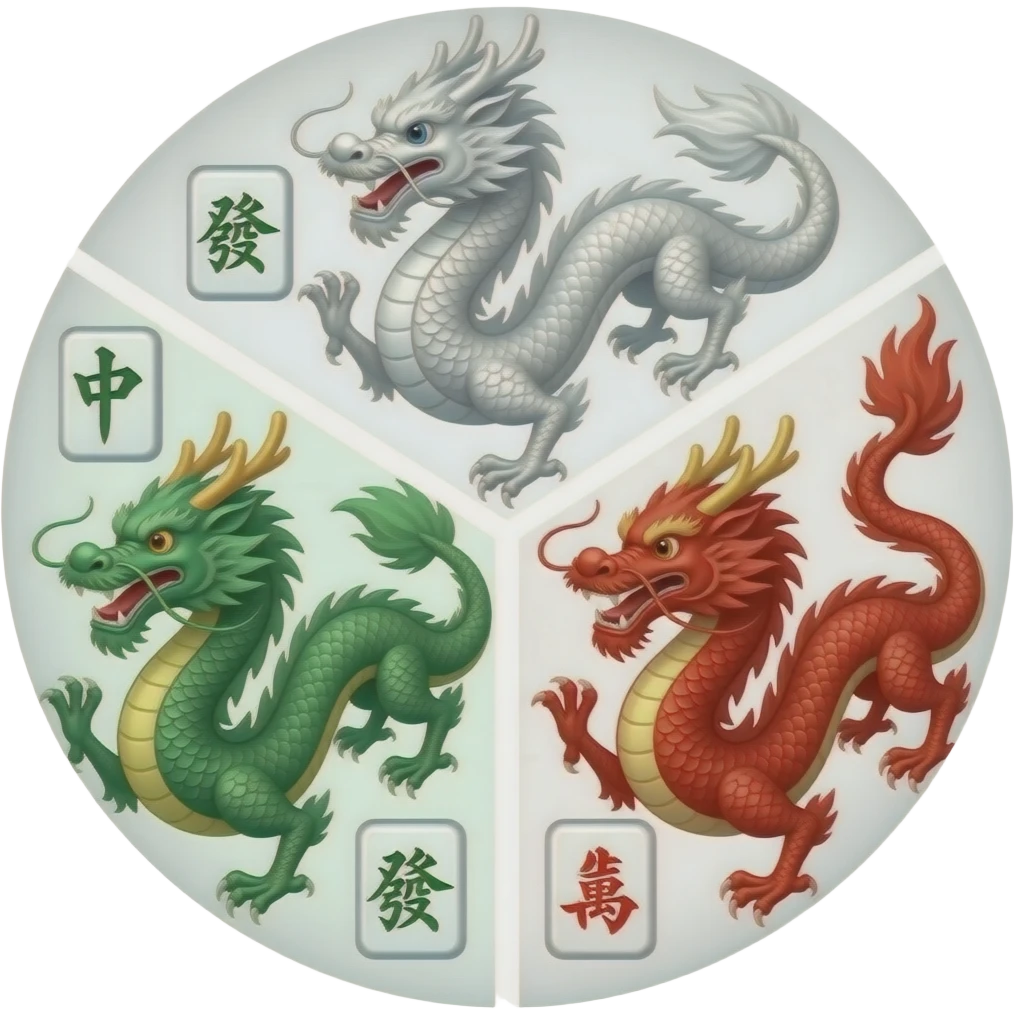 Three traditional (cartoon style) Chinese dragons in a circle but inside like a triangle shape - a white dragon on the top middle, a green dragon on the left corner, and a red dragon on the right corner - with space in the middle each with their respective mahjong symbols next to them emoji