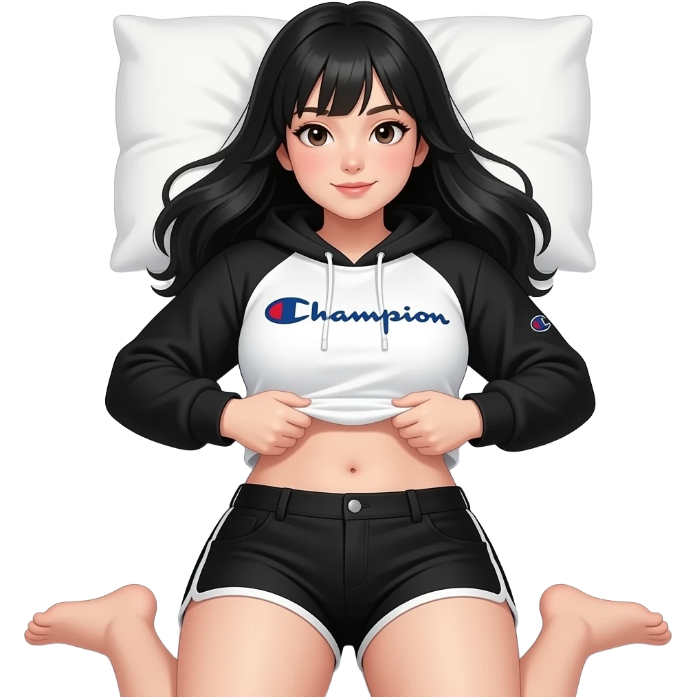 White girl with long black hair, black and white cropped champion hoodie with black arm sleeves, black high shorts, and a bit of a chubby body lifting her shirt to show her belly laying down on on the pillow to bed and showing feet emoji