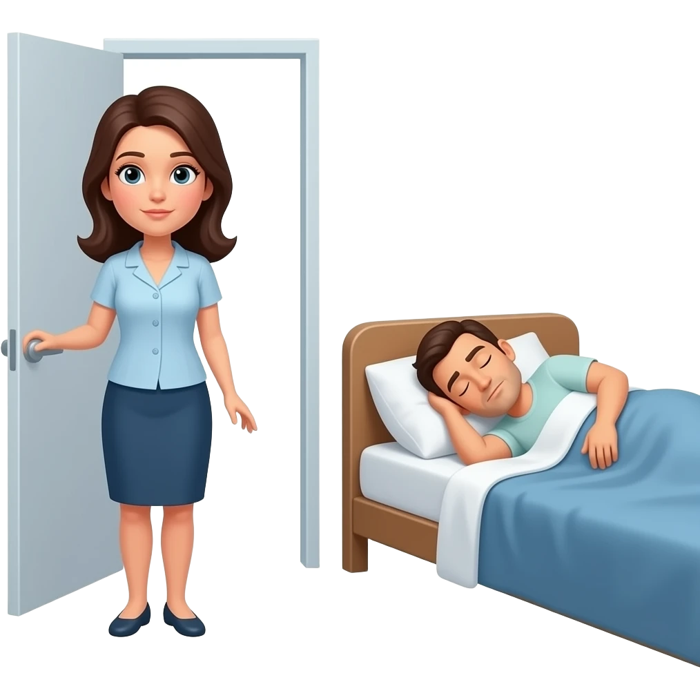 woman serious expresson by room door looking at husband sleeping in bed, emoji