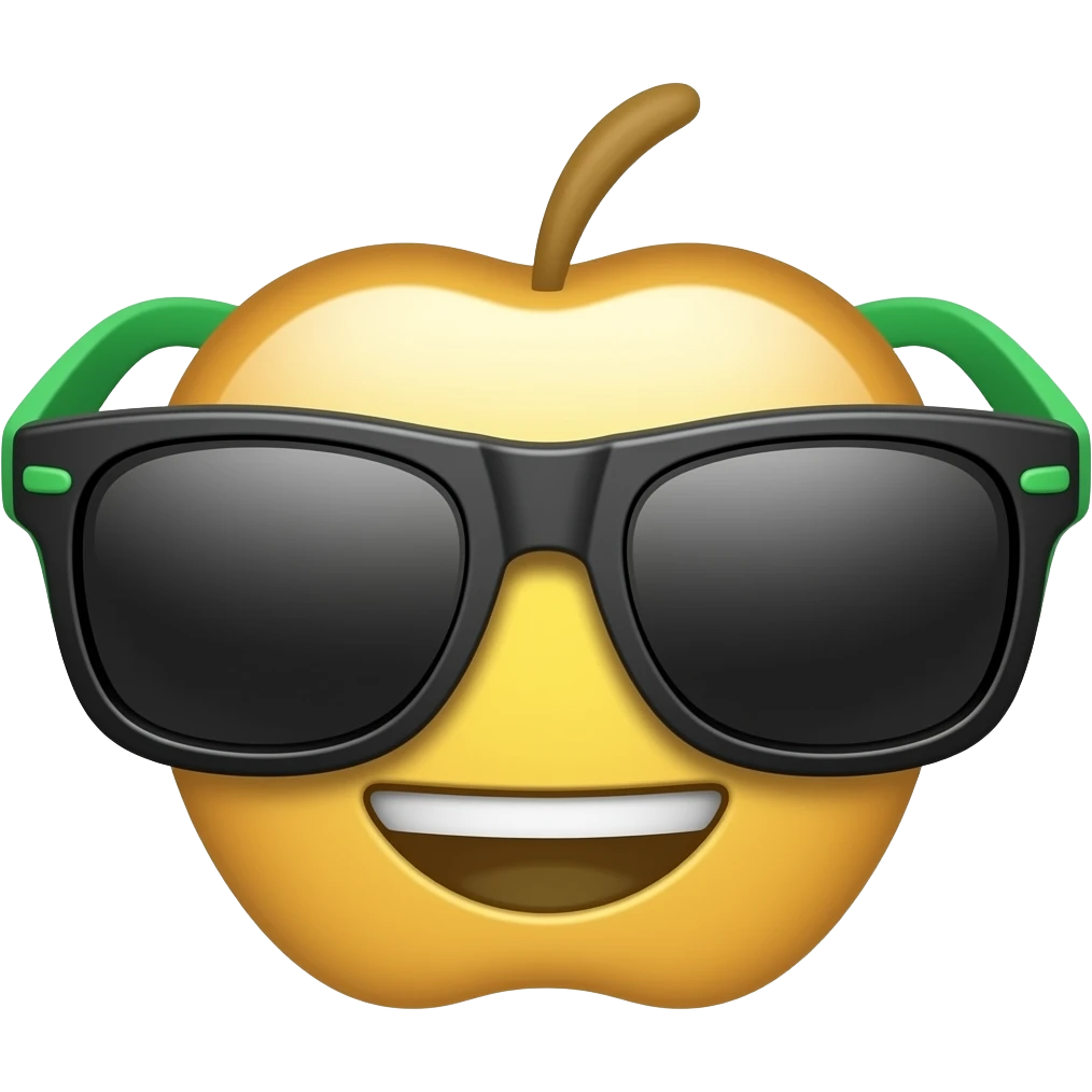 Apple iOS style sports sunglasses emoji, glossy 3D wraparound sunglasses, black lenses with green accents, sleek athletic design, smooth shading, ultra detailed, clean background, premium iOS emoji aesthetic emoji
