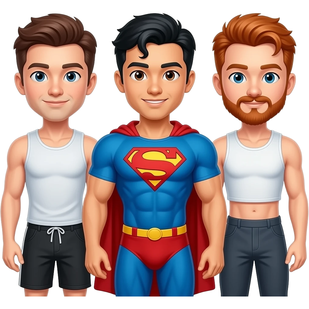 Gay couple, one white guy with brown hair in a tank top and short shorts, one muscular Asian man with Superman hair in a gym outfit, and one redhead with a mustache in a crop top emoji