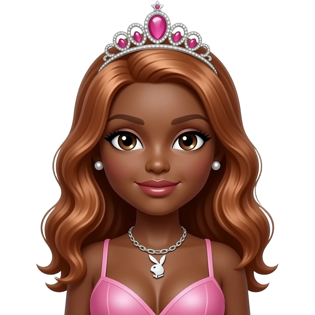 Big breast, Dark brown skin, Doll shaped face, doll eyes, pink tiara, copper hair, playboy necklace, no bra, Pearl earrings studs emoji
