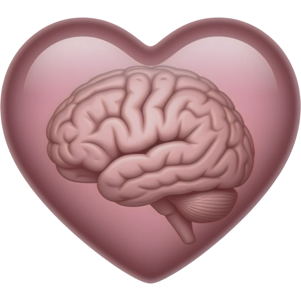 Make an emoji with a heart with a mind and things written on them emoji