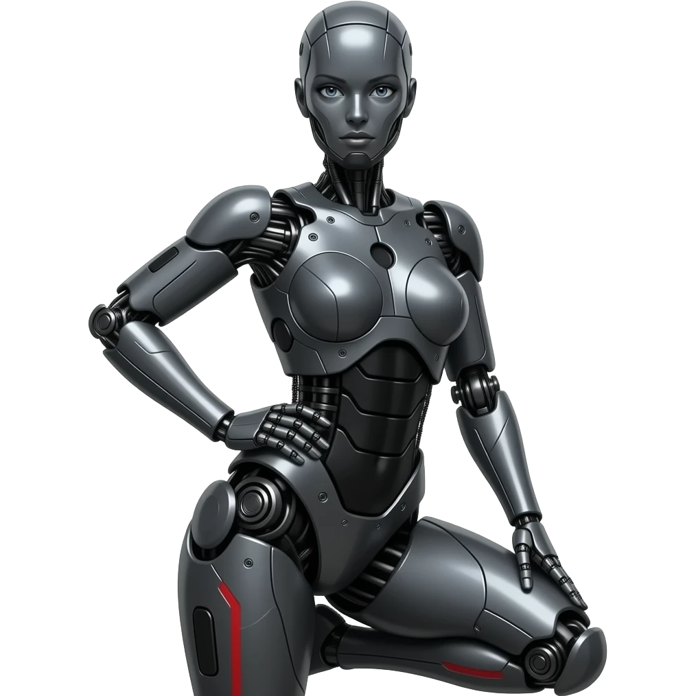 A mechanical woman made of dark gray steel with black and red markings,no human features, only robot features, entire body, sexy pose, robot face, full body pose emoji