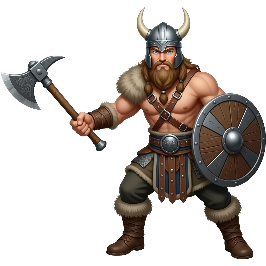 Vikinger mit nackten muskulösem körper und einer behaarten und starken Brust, mit Leder Riemen und Schulterpanzer. Er schwinkt eine Axt und trägt ein Helm mit Hörnern und hat ein langen Bart emoji