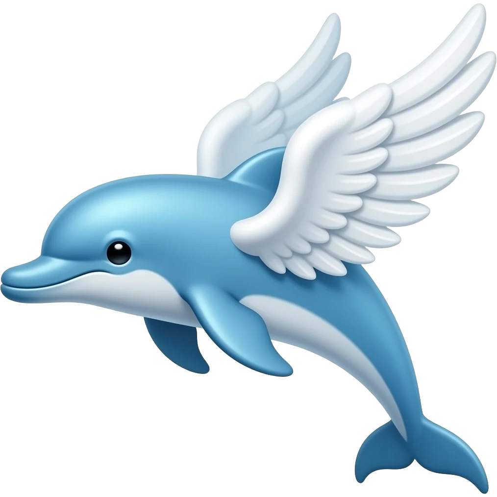 thin dolphin emoji with 2 big angel white wings, glass blue ,2d, simple emoji