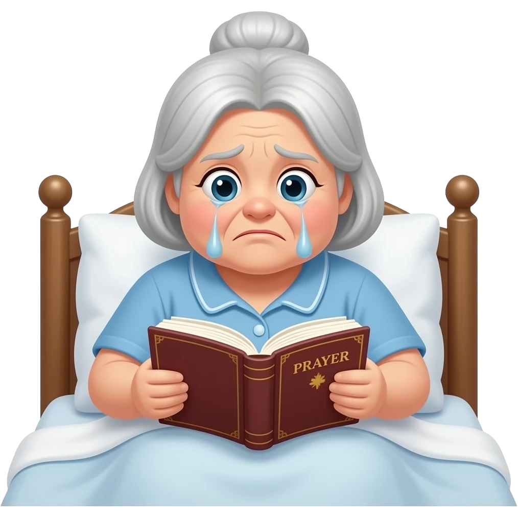 A fat plump, sad fat old lady is flipping through a prayer book in the bed emoji