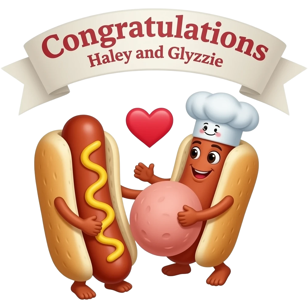 A sentient chef's hat with a face, and an anthropomorphic hot dog, in love, holding a sonogram, underneath a banner that says "Congratulations Haley and Glyzzie" emoji