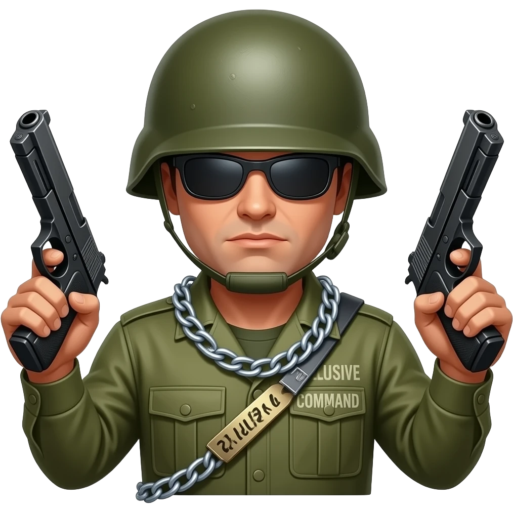Demonio con un casco de militar y pistolas y también con una cadena que tenga el Comando Exclusivo emoji