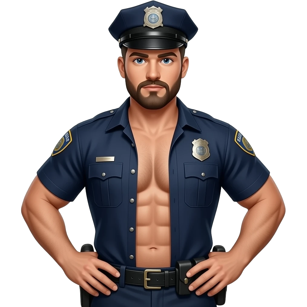 Erstelle ein Portrait von einem muskulösen nackten Mann typische Aussehender Polizist, er ist behaarten, maskuliner Körper und moustache, dein Hemd ist weit geöffnet und man soll seine Brust gut auf dem Bild zusehen sein und er trägt eine Mütze und hat seine Hände an der Hüfte gestemmt emoji