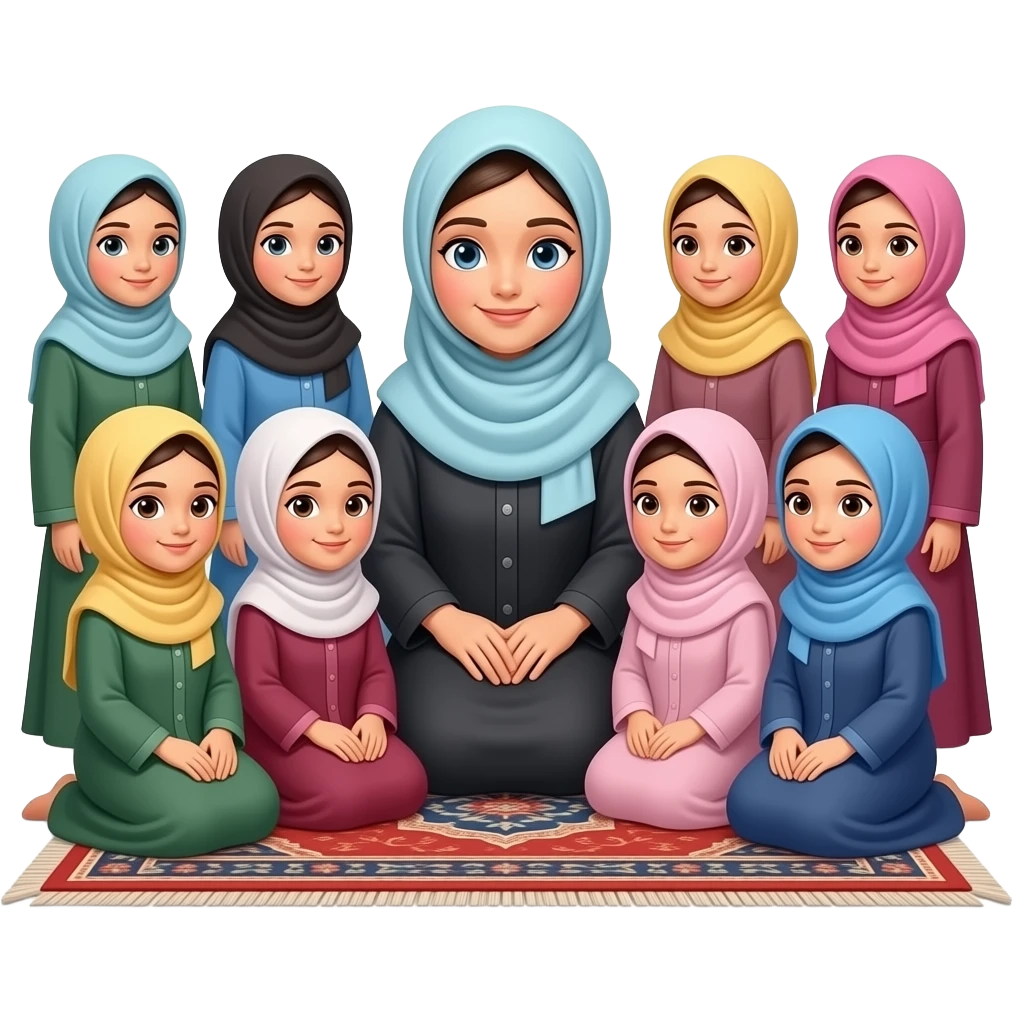 hijabi  little girls sitting with their teacher feamaleon carpet. All wearing abayas. more girls. emoji