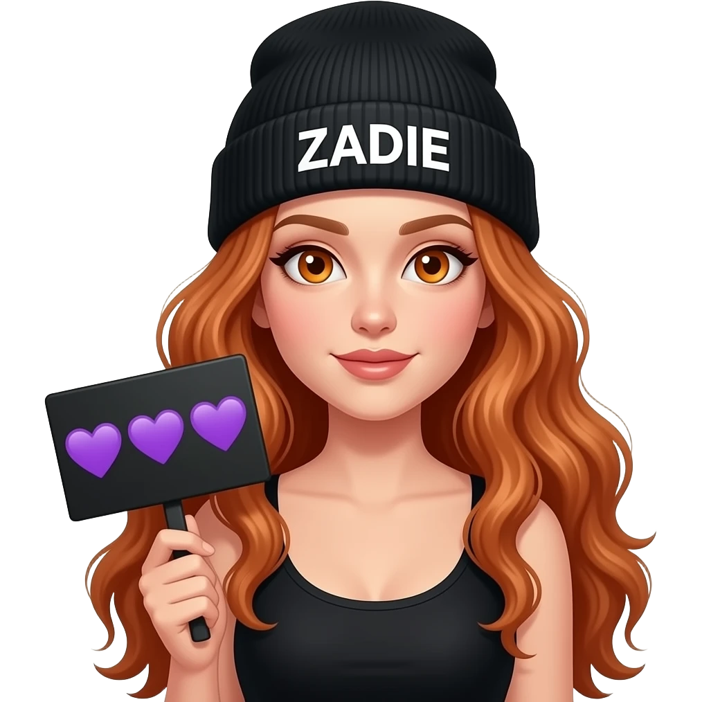 sexy girl with overlong wavy ginger hair and ginger eyes wearing a black tanktop and a black beanie with ZADIE written on it, is holding a black sign with 💜💜💜 on it emoji