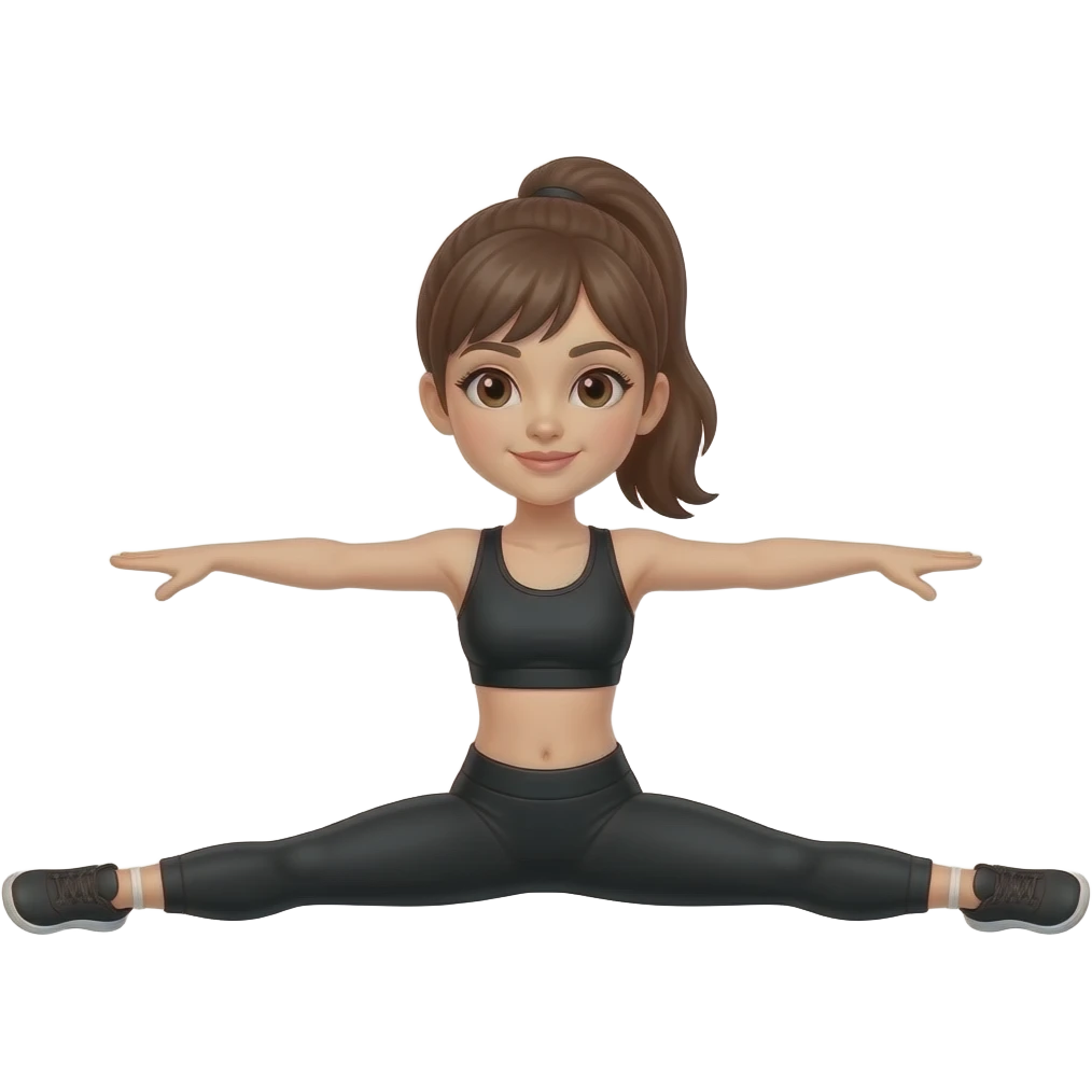 Girl dancers wearing black workout clothes, with brown hair brown eyes and  in ponytail, doing the middle split emoji