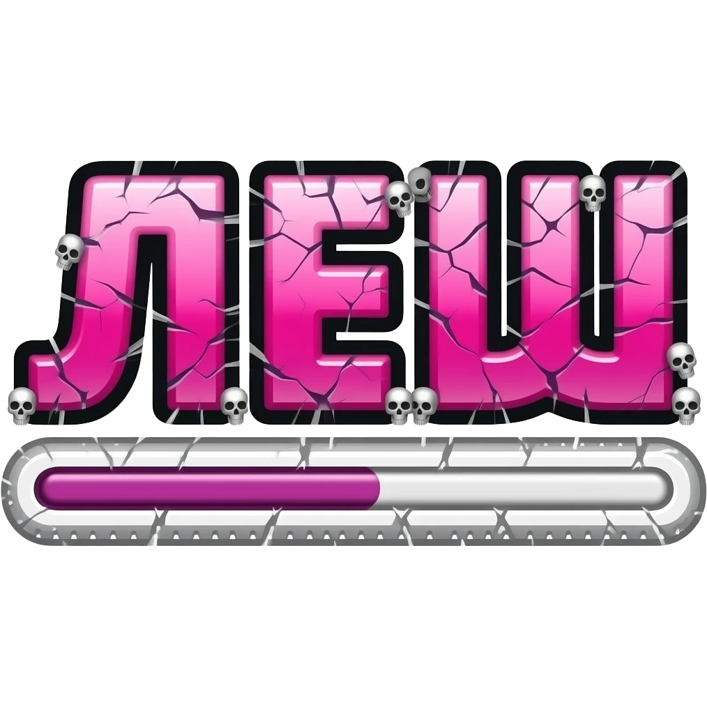 Glossy pink text “ЛЕШ” in Cyrillic, chaotic Twitch emote style, thick black outline, transparent background, cracked gamer text, tiny skulls, glitch effects, low HP bar, pink lightning, readable at small size emoji