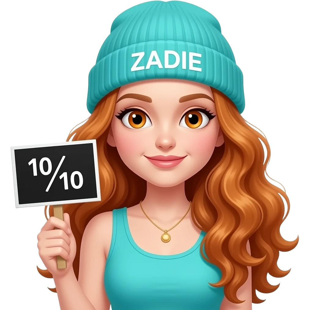 sexy girl with overlong wavy ginger hair and ginger eyes wearing a turquoise tanktop and a turquoise beanie with ZADIE written on it, is holding a black sign with 10/10 written on it emoji