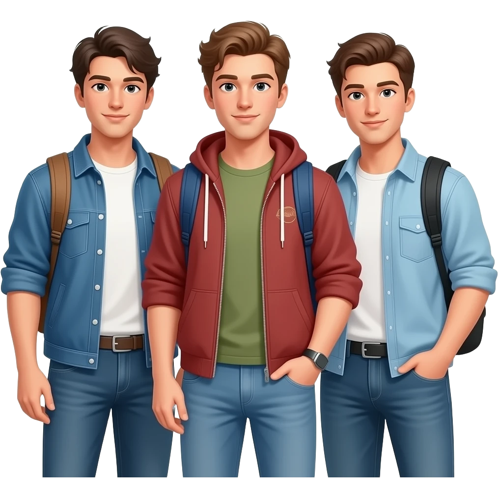 Erstelle ein Portrait von drei sexy Oberkörper  freien männlichen typischen College Studenten, die Oberkörper soll gut mit auf dem Bild zusehen sein. emoji