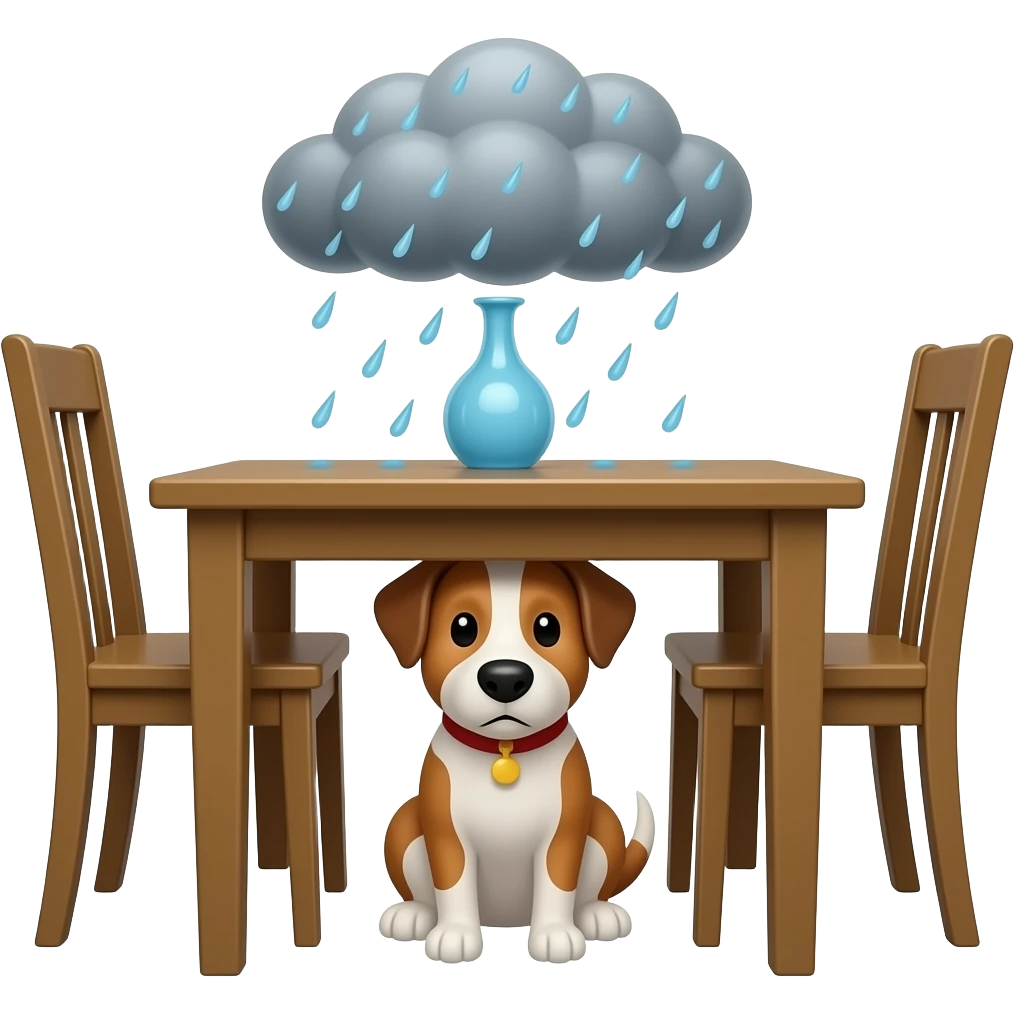 The dog hides under the dining table during the storm. emoji