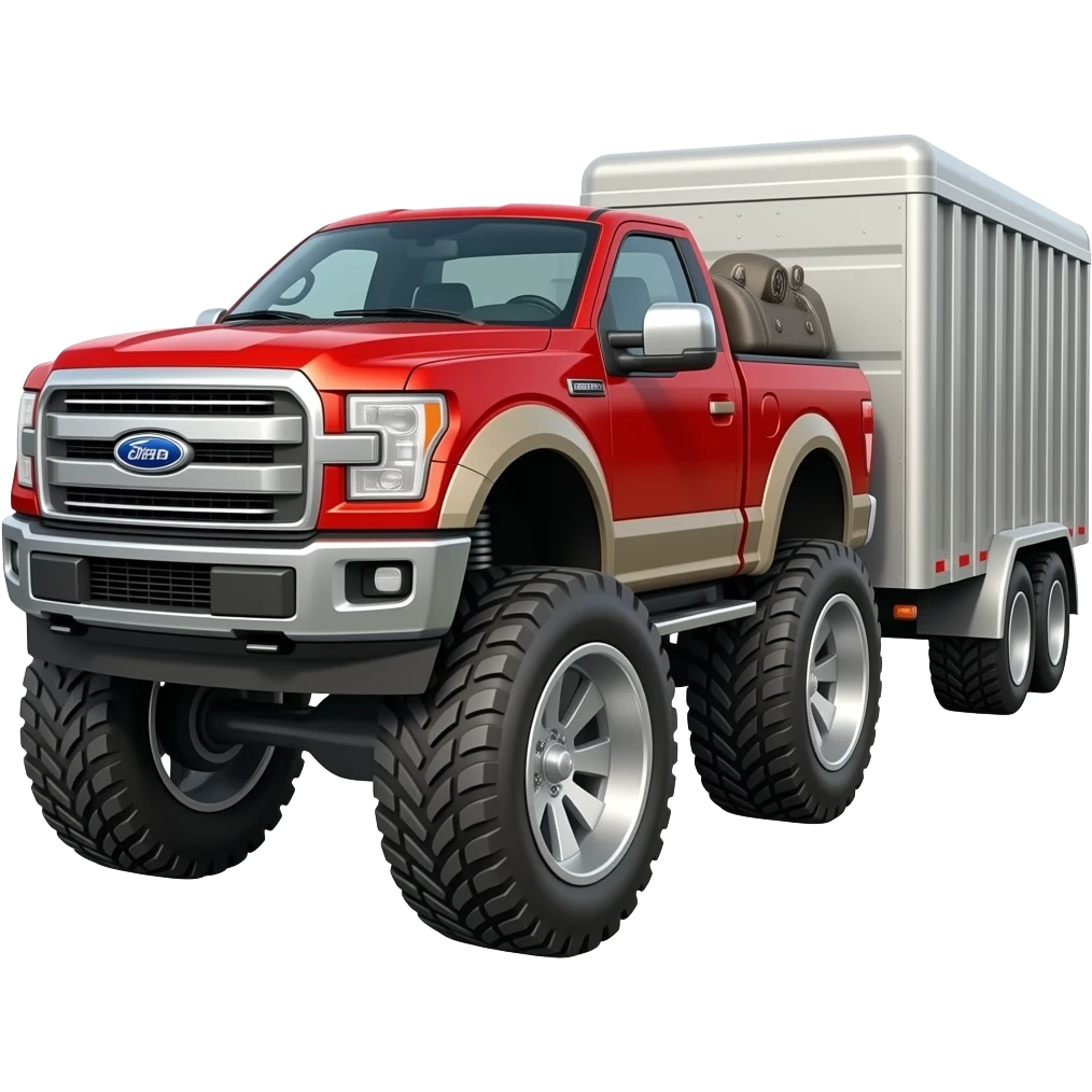 red ford f-150 with big wheels SIDE VIEW with trailer attached towing a heavy load emoji