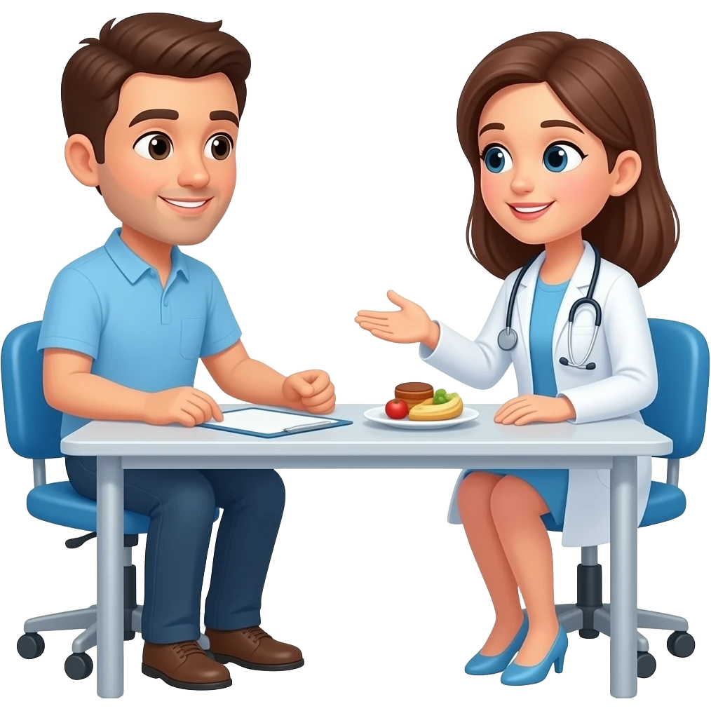 consulta de paciente hombre con medica mujer mesa consulta estilo apple, que esten hablando sobre mejorar la dieta emoji