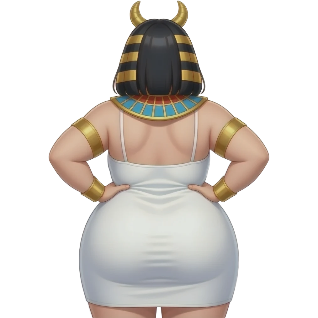 Anime extremely fat big booty pale female creature cosplaying Egyptian girl showing back her buttocks with putting her hands behind the wall with her white dress emoji
