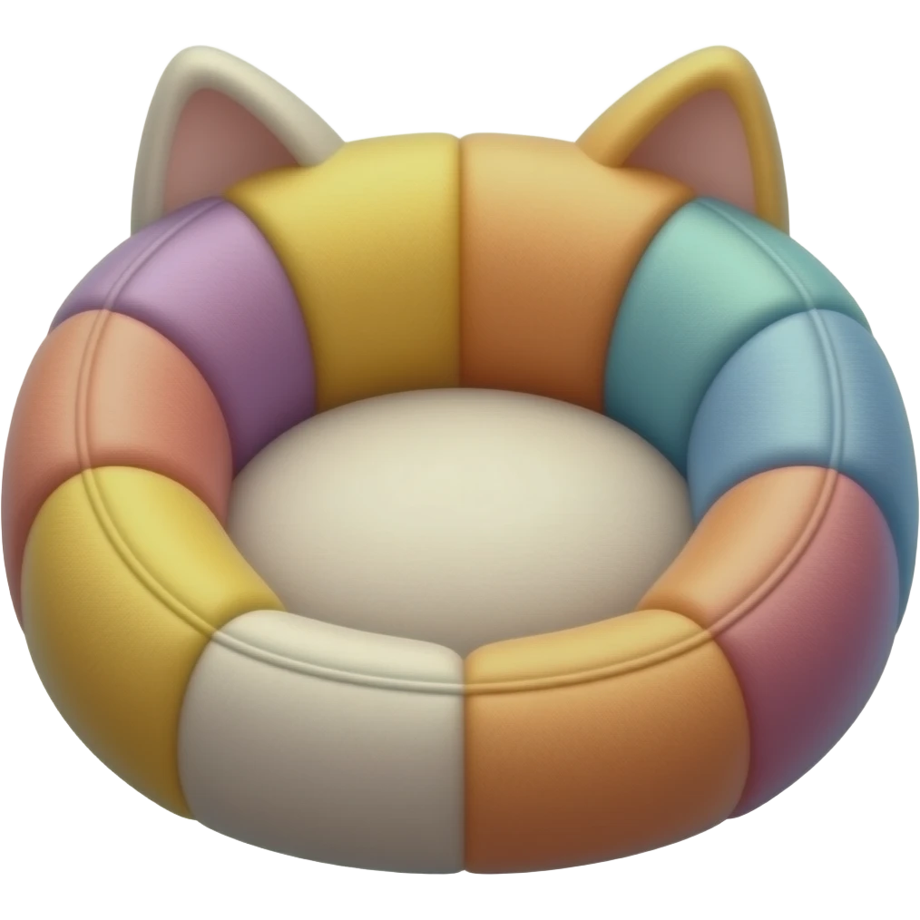 Create a cute polished 3D game icon of a cozy cat bed. Soft round cushion shape with raised edges, colorful, plush fabric texture, rounded details, gentle shadow. Empty bed only, no cat, no animal, no character, no face, transparent background, no text. emoji