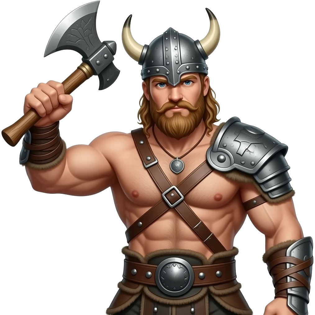 Nahaufnahme von einem Vikinger mit nackten muskulösem körper und einer behaarten und kräftigen männlichen Brust, mit Leder Riemen und Schulterpanzer aber ohne Gürtel. Er schwinkt eine Axt mit seiner rechten Hand und trägt ein Helm mit Hörnern und Bart emoji