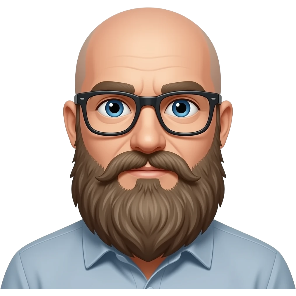 Bald man with long beard, blue eyes, and black glasses emoji