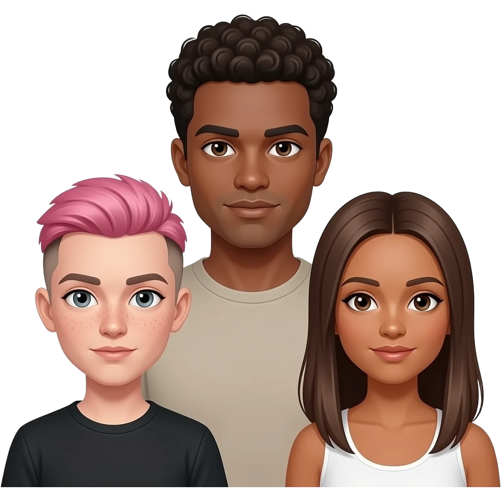 three people: short nonbinary person with short pink hair, brown eyebrows, and a brown undercut with very pale skin, gray eyes and freckles, a tall beige-skinned man with dark brown eyes + very short curly hair, and a medium height woman with tan skin, light brown straight long hair, and brown eyes emoji