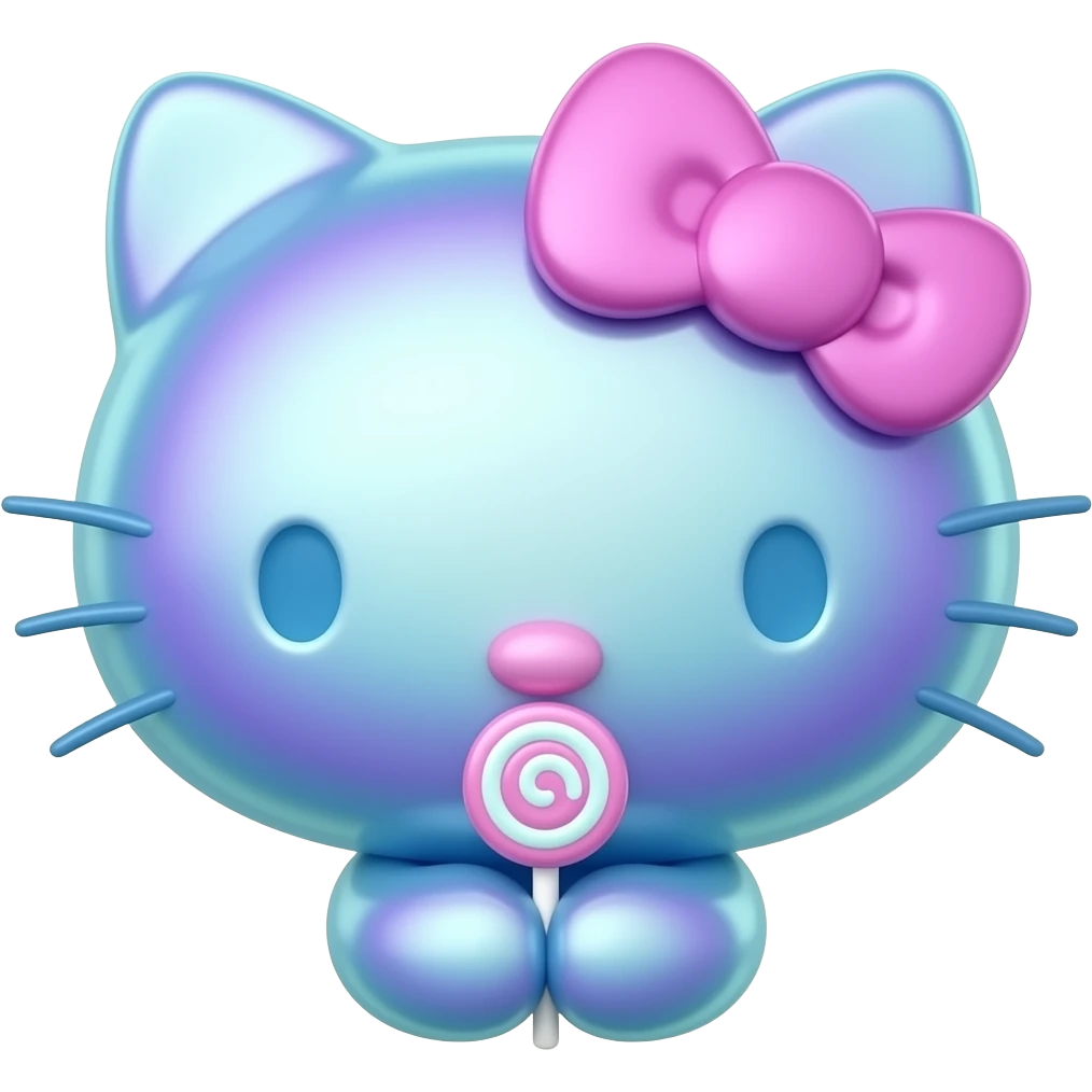 Shiny 3d gradient holographic blue and pink colored glass hello Kitty head with front paws holding a lollipop emoji