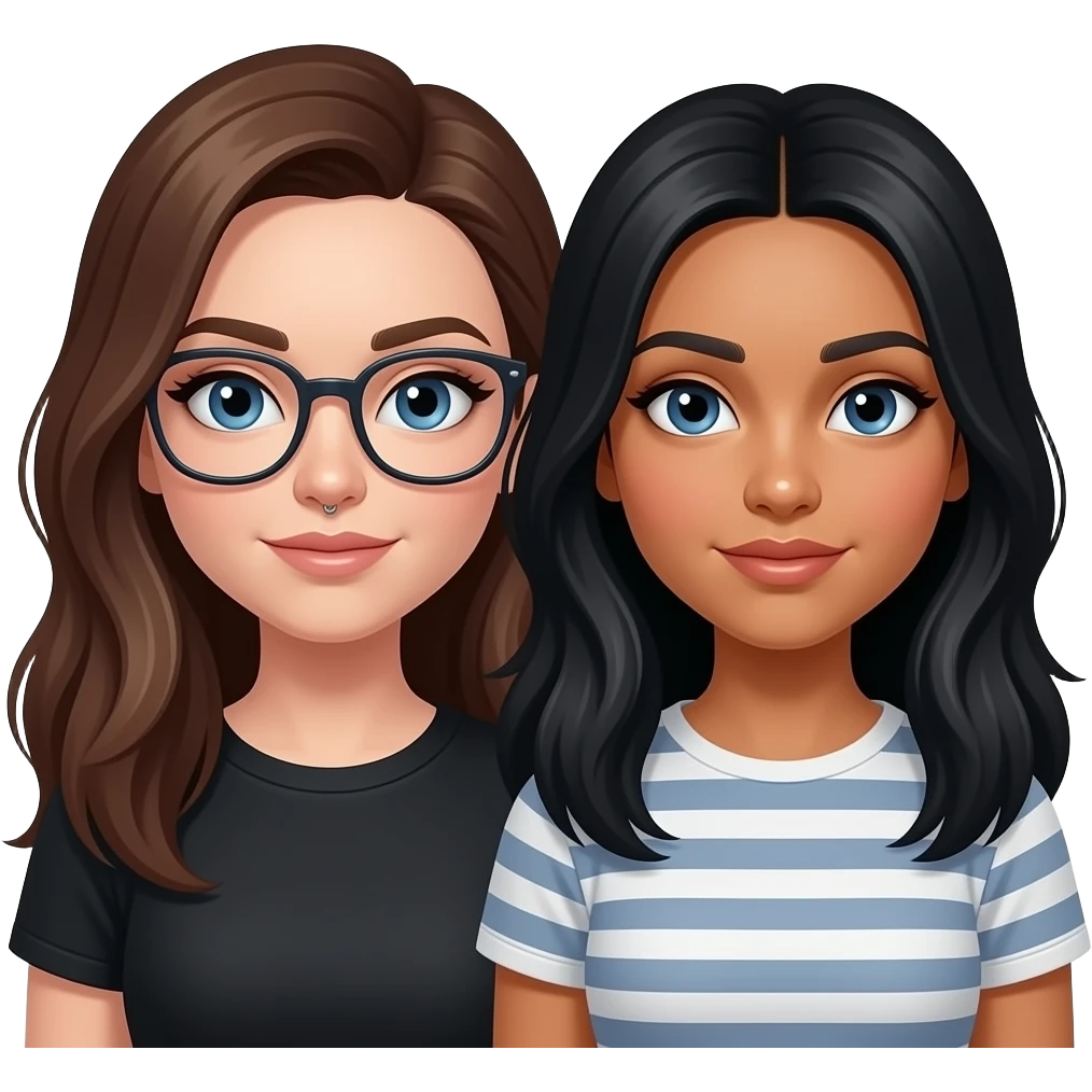 white girl with long brown hair with blue eyes with glasses and a side nose peircingwith her bestfriend thats light mexican with long blackhair with blue eyes and she has nose peircing emoji