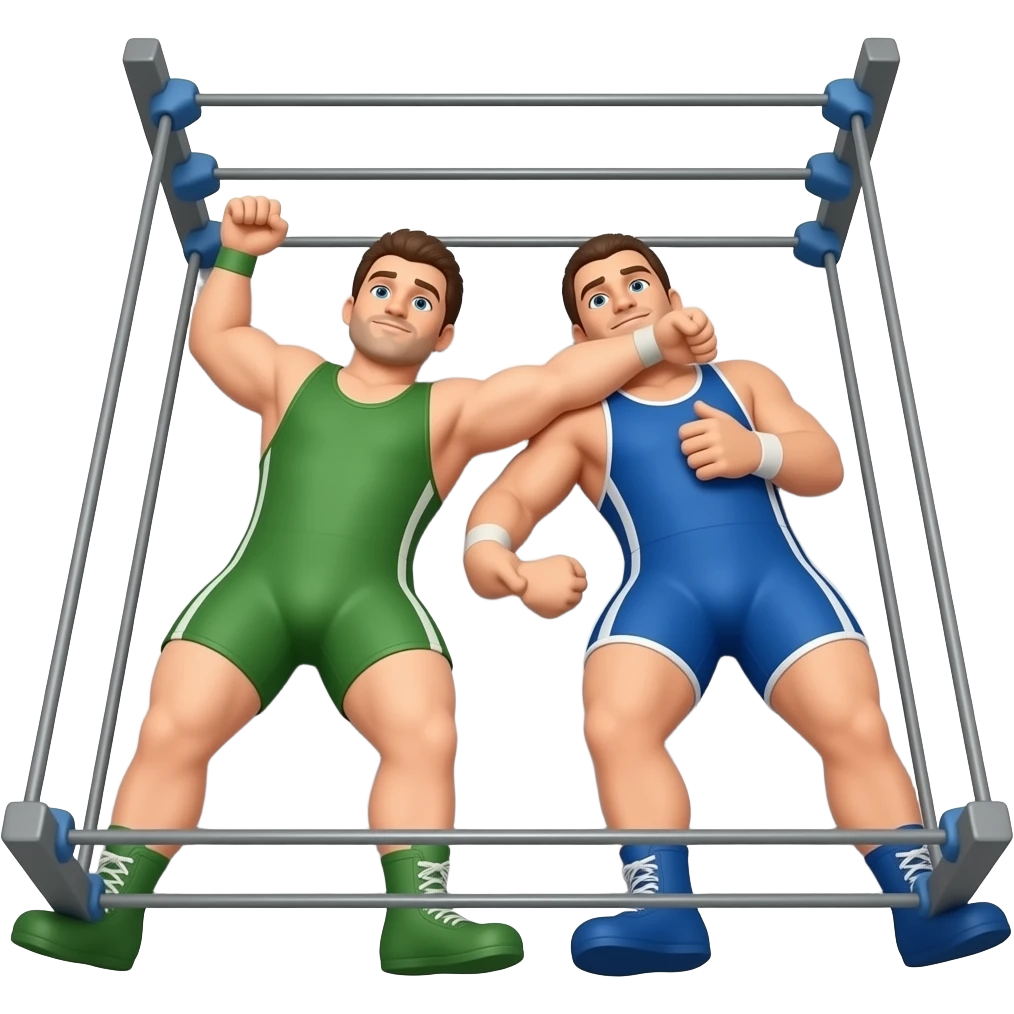 Erstelle ein Bild von Wrestler in kurzen, knappen und engen Wrestler-suits, die beiden haben unterschiedlich Farben an (Grün und blau) und sie ringen liegend miteinander auf dem Boden im Ring emoji